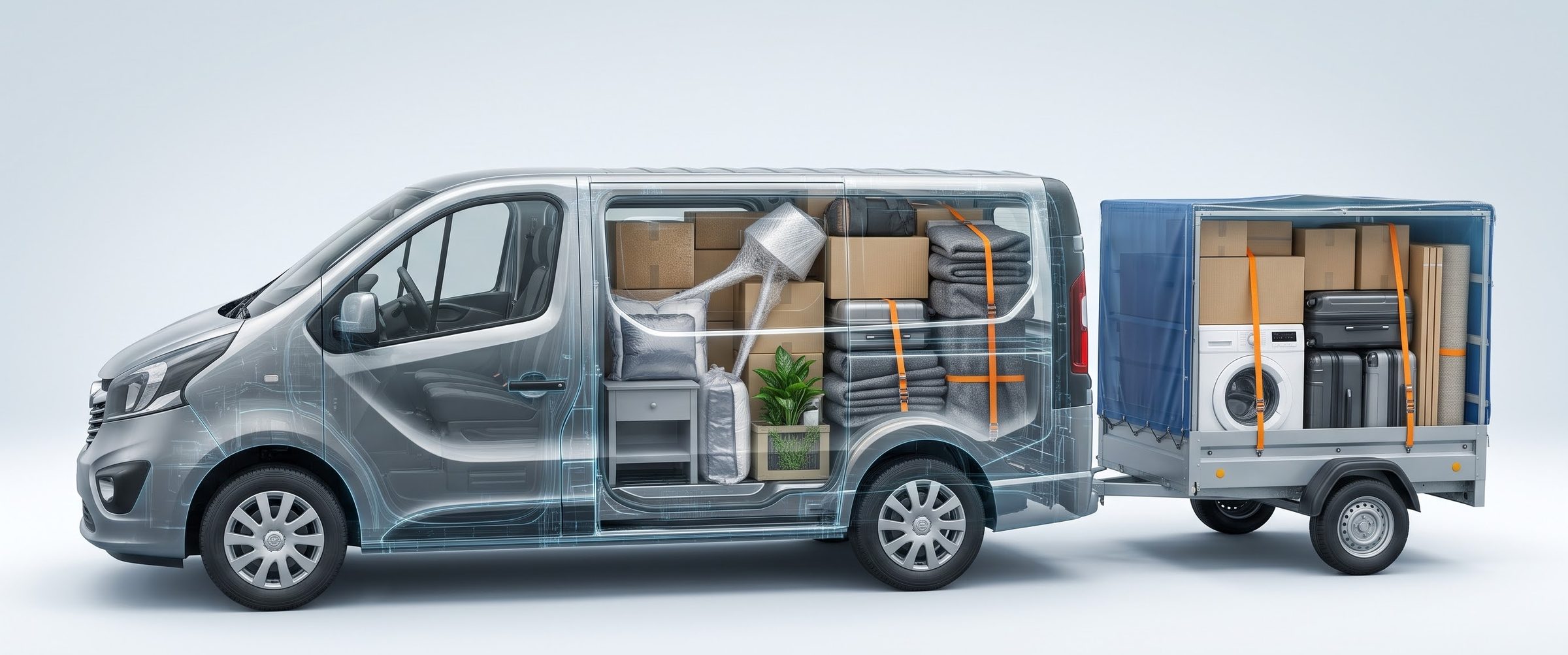 Opel Vivaro Extra Long s prikolico v prerezu: v vozilu in prikolici so zložene škatle, kovčki, pralni stroj, nočna omarica, svetilka v foliji in lončnica, vse je pritrjeno s trakovi.