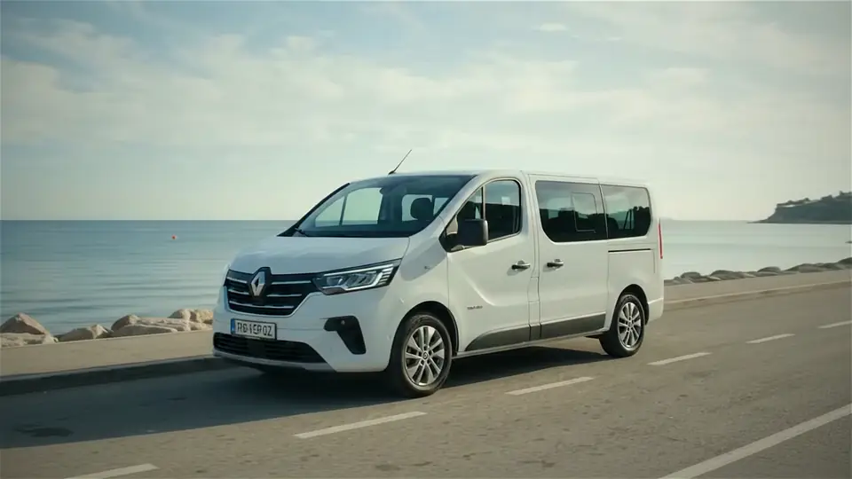 AI-generated video: Renault Trafic on a seafront, front and side view