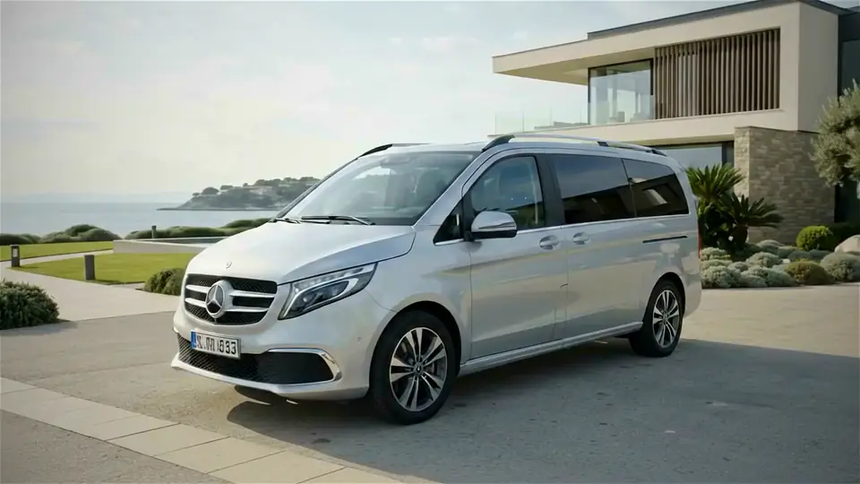 AI-generated video: Mercedes V-Class by the sea, front and side view