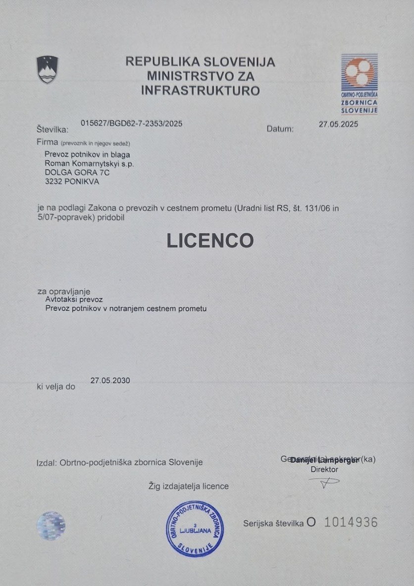 Sken licence prevoznika Roman Komarnytskyi s.p.